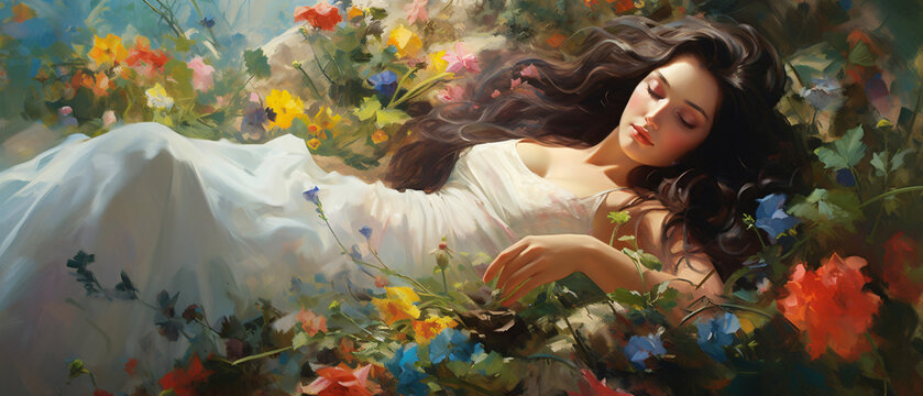 An oil painting of beautiful Spanish woman resting