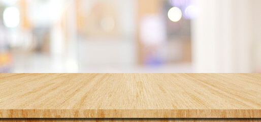 Wood table background and blur background, Empty wooden counter, shelf surface over blur restaurant with bokeh background, - 757006759