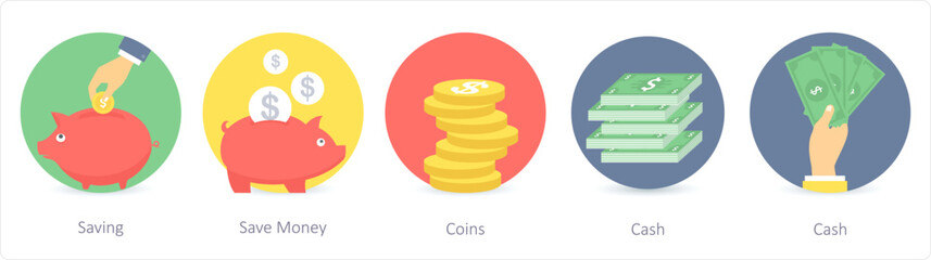 A set of 5 Shopping icons as saving, save money, coins
