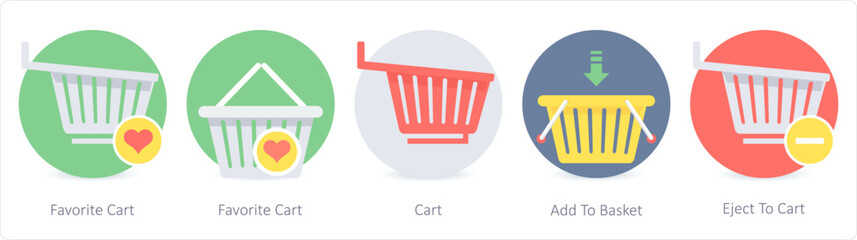 A set of 5 Shopping icons as favorite cart, cart, add to basket