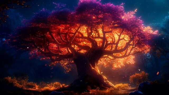 Magic trees light up with colorful lights in a magical forest. seamless looping 4k time-lapse animation video background