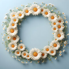 Fototapeta premium Daisy flower frame, isolated on a blue background, Spring Frame