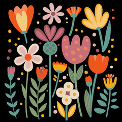 Bright Multi Colored Flowers in the Style of Naive Art on a Black Background. May used for Fashion, T Shirts, Covers, Posters and other