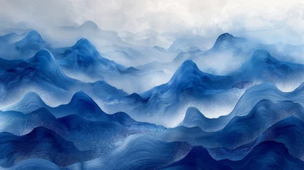 Fotobehang Modern watercolor texture banner design. Blue brush stroke texture with Japanese ocean wave pattern in vintage style. Hand drawn line art landscape banner. © Mark