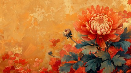 An illustration of a chrysanthemum flower in vintage style with a hand-drawn floral pattern. A gold flower in vintage style against an oriental style background.