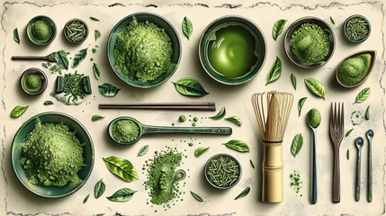 Foto auf Leinwand This is a modern set of organic tea matcha tea cup, sweets, fork, traditional cup, whisk, tools for the Japanese tea ceremony. Matcha green tea ceremony is a healthy drink, an accompanying beverage © Mark