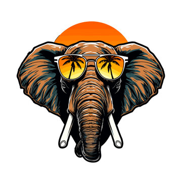 Vector illustration of an elephant with sunglasses and a sun in the background