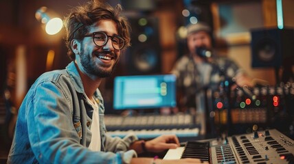 Portrait of male sound producer working on mixing console in recording studio. - obrazy, fototapety, plakaty