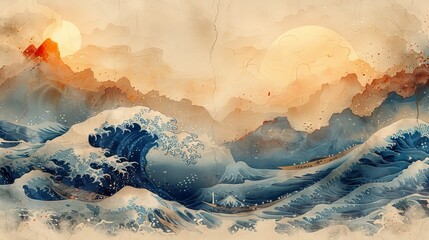 A wave pattern of oriental natural waves with an element of watercolour texture drawing. A maritime frame and border template in the style of a vintage banner design.