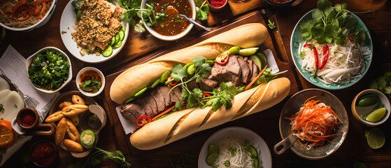 Assorted Vietnamese dishes with pho, banh mi, spring rolls
