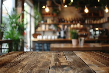 A wooden table with a view of a restaurant. Advertising background