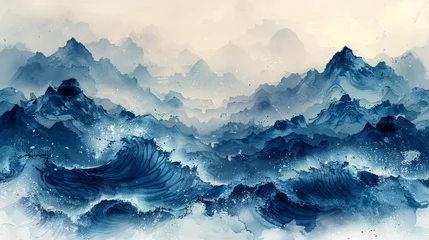 Poster In the style of a vintage textile, a blue brush stroke texture has been applied to a Japanese ocean wave pattern in a vintage style. Abstract art landscape banner design featuring watercolor texture © Mark