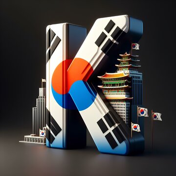 3d K alphabet South Korea flag with famous building 