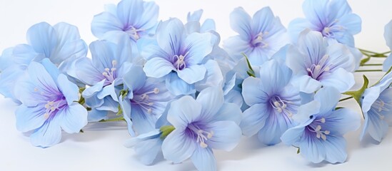 A beautiful display of electric blue flowers with purple centers on a white background, creating a vibrant and colorful scene. The flowering plants add a pop of color to any event or garden