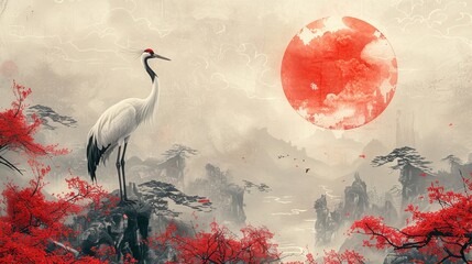 Vintage Japanese background with Chinese cloud texture modern. Crane birds element in abstract banner style.
