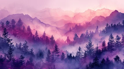 Foto op Plexiglas Artistic Japanese wave pattern modern backdrop for a landscape background. Watercolor banner illustration with mountain forest template. Purple and violet backdrop. © Mark