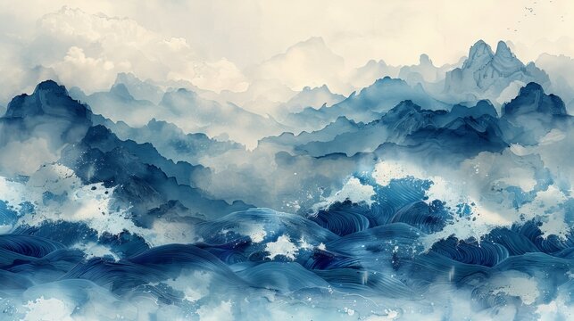 Background with Japanese clouds and blue watercolor texture painting element modern. Hand drawn natural wave pattern with ocean sea decoration banner design. Marine template.
