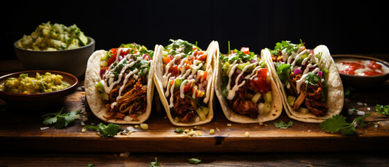 Authentic Mexican tacos with beer on wooden table