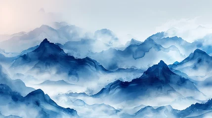 Zelfklevend Fotobehang Modern abstract art landscape banner design with watercolor texture. Vintage Japanese ocean wave pattern with blue brush strokes. © Mark