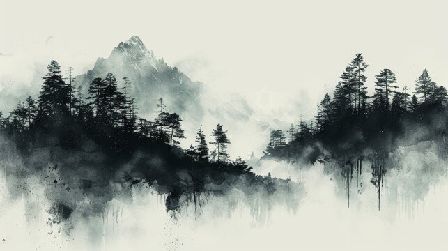 Abstract art landscape banner design with watercolor texture modern. Black brush stroke texture with Japanese mountain forest pattern.