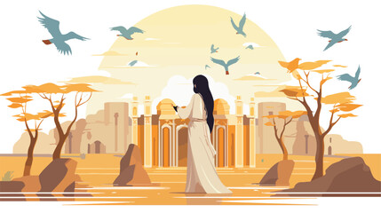 Illustration of temple with priestess and birds