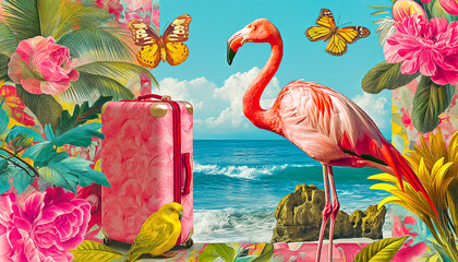 Summer time and travel concept. Paradise summer collage. Tropical Beach and Travel Essentials.