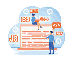 Programmer or developer create code programming language. Programming and engineering development. flat vector modern illustration