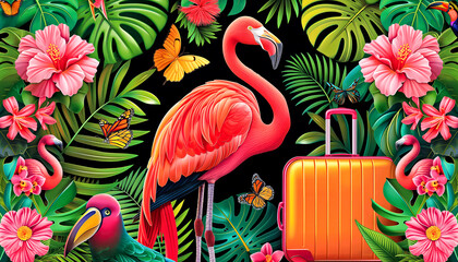 Flamingo  standing in front of a suitcase in a lush green jungle with butterflies. Summer tropical frame. Summer time and travel concept.
