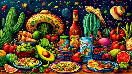A table full of food with a variety of food, drink and appetizers mexican cuisine. Concept traditional mexican food.