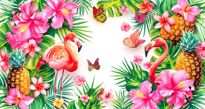 A pink flamingo stands in front of a tropical flower garden. Summer tropical frame. Summer time and travel concept.