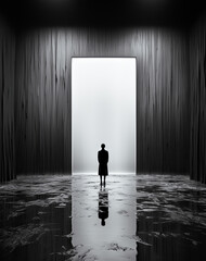 Monochrome image of Silhouette of a Woman Facing a Bright Rectangular Doorway
