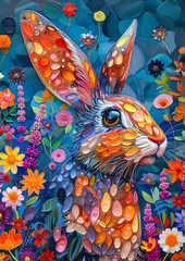A stunning mosaic-style rabbit sits amidst a lush, fantastical garden