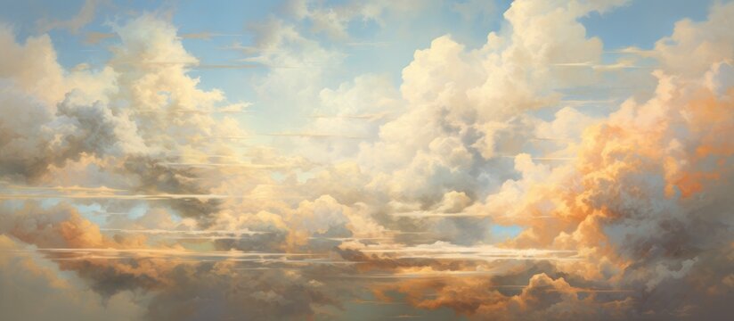 An art piece depicting a cloudy sky with the sun peeking through the cumulus clouds, creating a stunning natural landscape with a warm atmosphere and a beautiful horizon