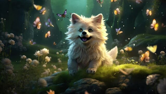 Joyful wolf bounding gleefully through the moonlit forest glade Seamless looping 4k time-lapse virtual video animation background. Generated AI