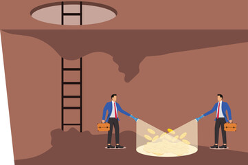 Coins under the torch, Find a lot of money with a flashlight, Businessman