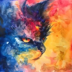 Expressive Watercolor Cat Face in Vibrant Fantasy Gradient Background