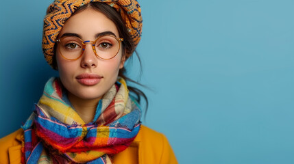 a creative business woman with a colorful scarf and a beret on solid color background with copyspace
