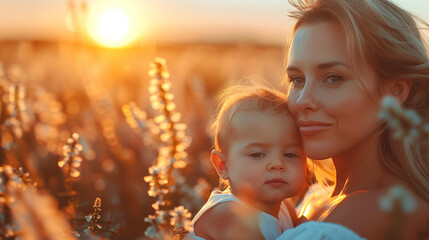 Happy mother and daughter on wheat field at sunset. Motherhood concept.