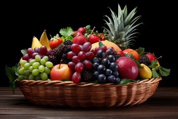 Assorted fresh fruits basket. vibrant colors, diverse textures, nutrition and freshness