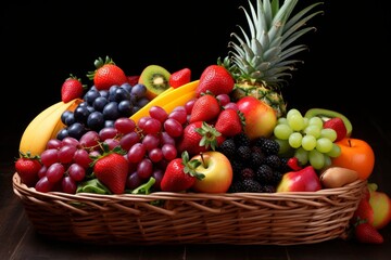 Colorful array of assorted fresh fruits displayed in a beautifully decorated basket