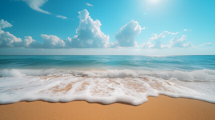 Beautiful seascape with sandy beach and blue sky with clouds - obrazy, fototapety, plakaty