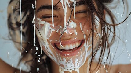 photo, norwegian brunette woman white painting dripping down her hair and face, close up, happy and winking - obrazy, fototapety, plakaty