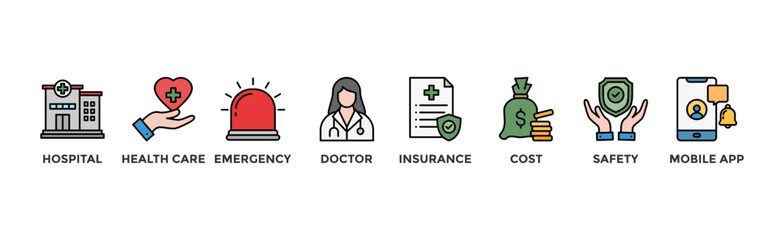 Medical care banner web icon vector illustration concept with icon of hospital, health care, emergency, doctor, insurance, cost, safety, mobile app	