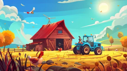 Gartenposter This cartoon depicts a farm landscape with a red wooden barn, a blue tractor and chickens on orange grass under a blue sky with bright sun. The scene takes place in a ranch with a house and © Mark