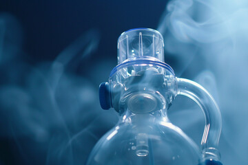 Nebulizer delivering medication for respiratory conditions and breathing difficulties. Copy space.