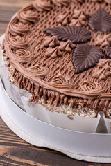 Chocolate bundt cake drizzled with chocolate ganache glaze.Front view of a triple layered chocolate cake .