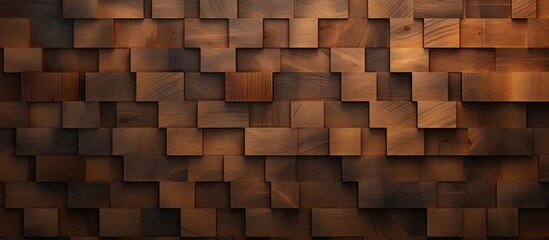 A detailed closeup of a brown hardwood wall made of rectangular squares resembling brickwork. The...