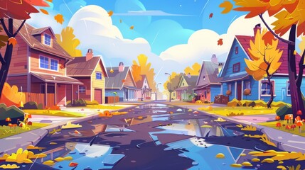 Various suburban houses, cloudy sky, yellow foliage on trees, puddles on road, modern housing neighborhood. Modern illustration of autumn town street in rainy weather.