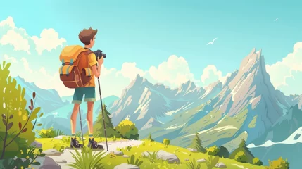 Foto op Plexiglas Angry teenager with hiking backpack looking at his camera on a mountain path. Cartoon summer landscape with young tourist and photographer on his way to hills. © Mark