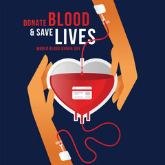 World donor blood day, Donate blood save lives - text and arm give blood falling into heart bag and receiving blood into arm on blue background vector design - 757010503